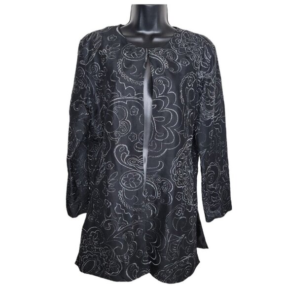 Chico's Embroidered Silk Duster Jacket Black and Silver Floral Longline Size XL - Picture 2 of 13